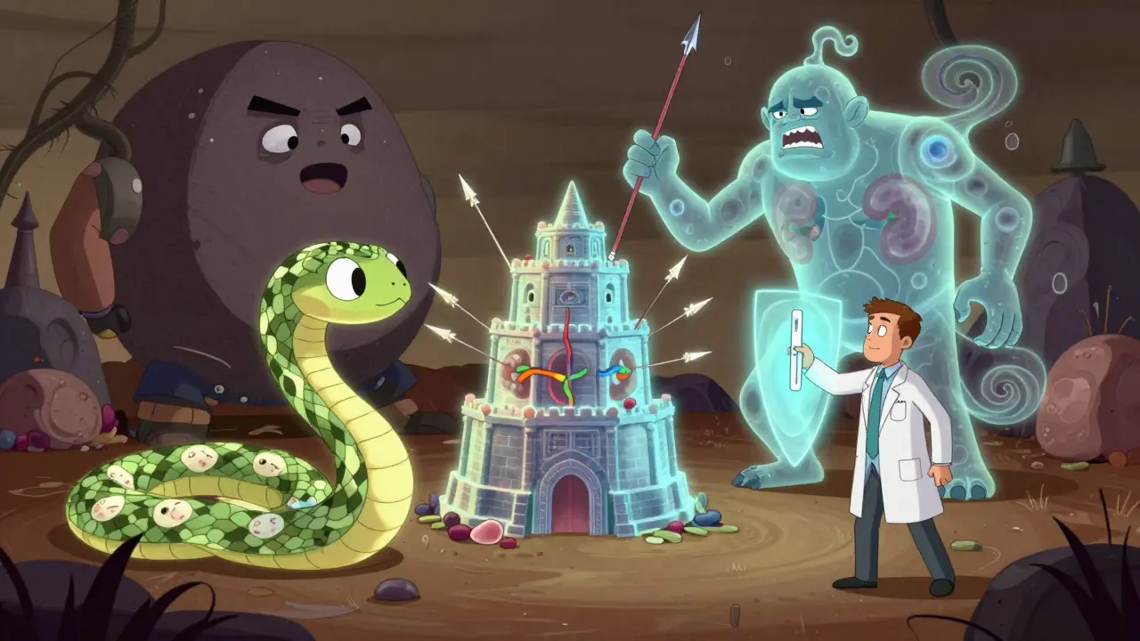 Three disease warriors attack a kidney fortress, while a doctor uses a urine test to create a protective shield.