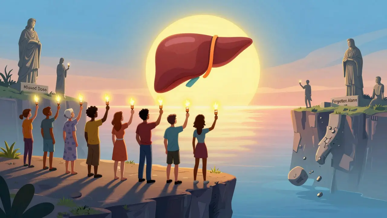 Transplant patients holding pill bottles as torches, walking toward a bright horizon with a healthy liver.