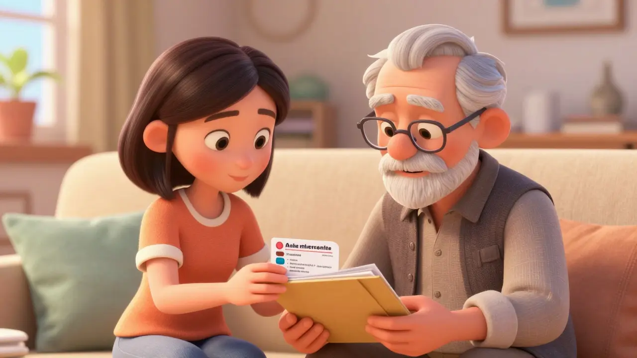 A daughter helping her elderly father organize a laminated medication card at home