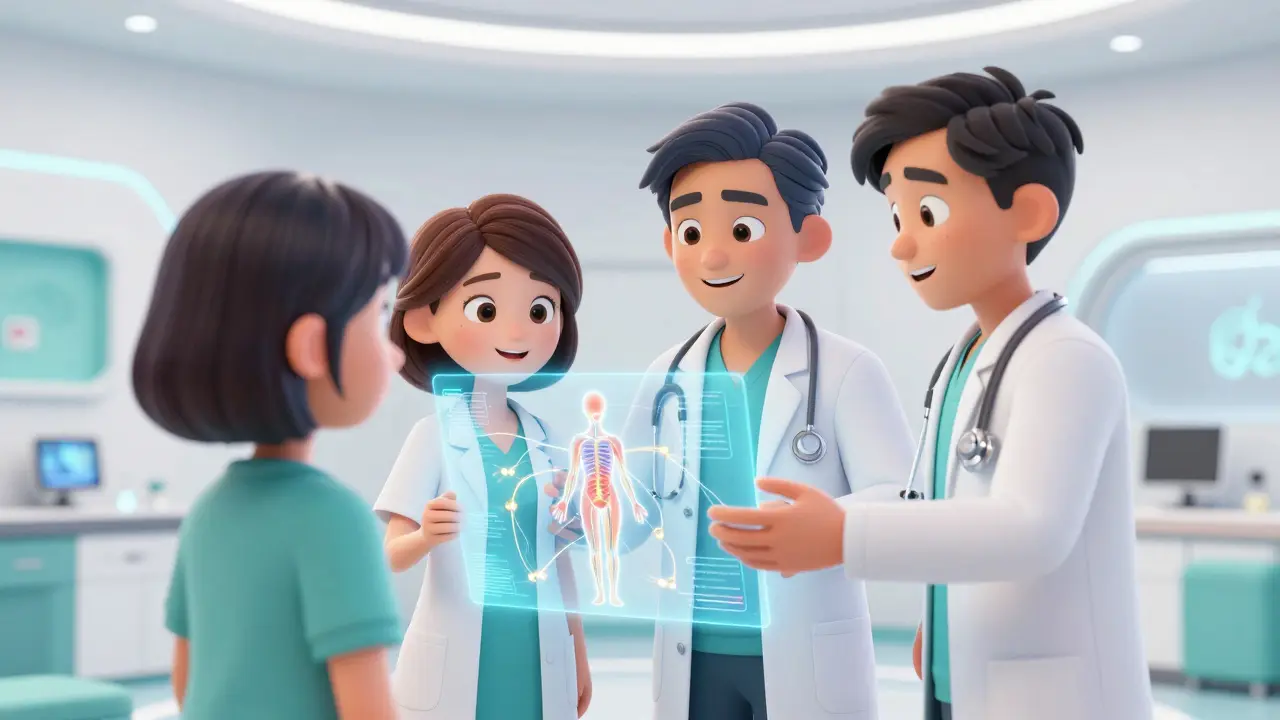 A dermatologist and rheumatologist working together to treat a patient with a holographic display.