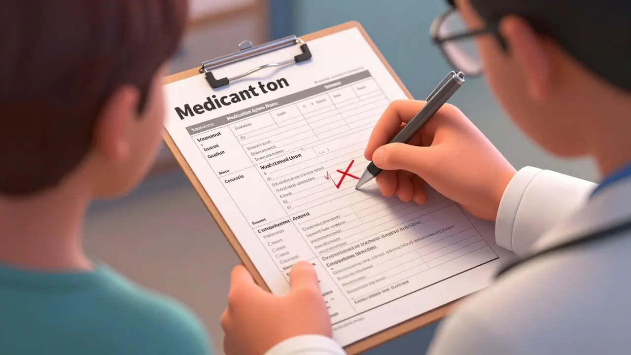 A doctor updating a medication action plan template with a pen during a visit