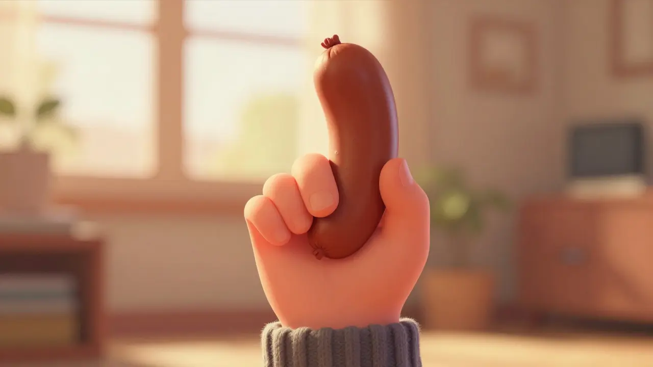 Close-up of a swollen finger illustrating dactylitis in a stylized 3D animation style.