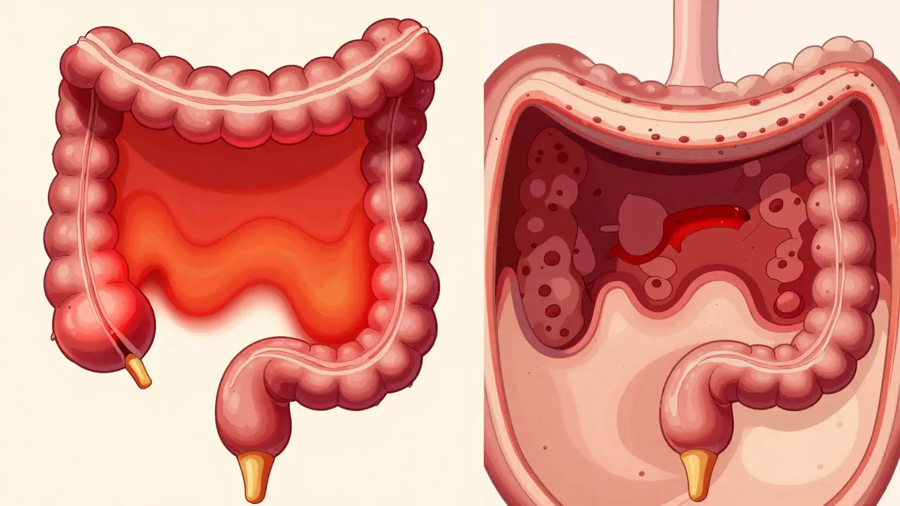 Comparison between the continuous lining inflammation of UC and the patchy deep inflammation of Crohn's.