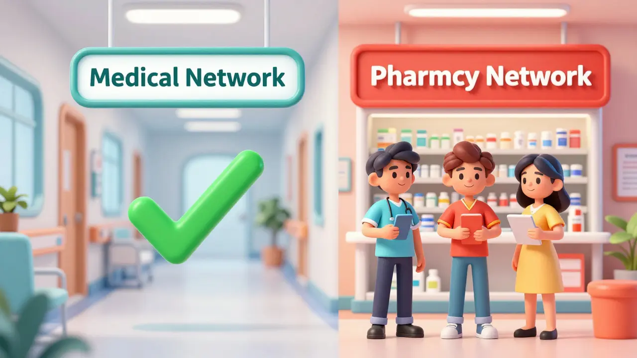 Conceptual split view showing different medical and pharmacy networks