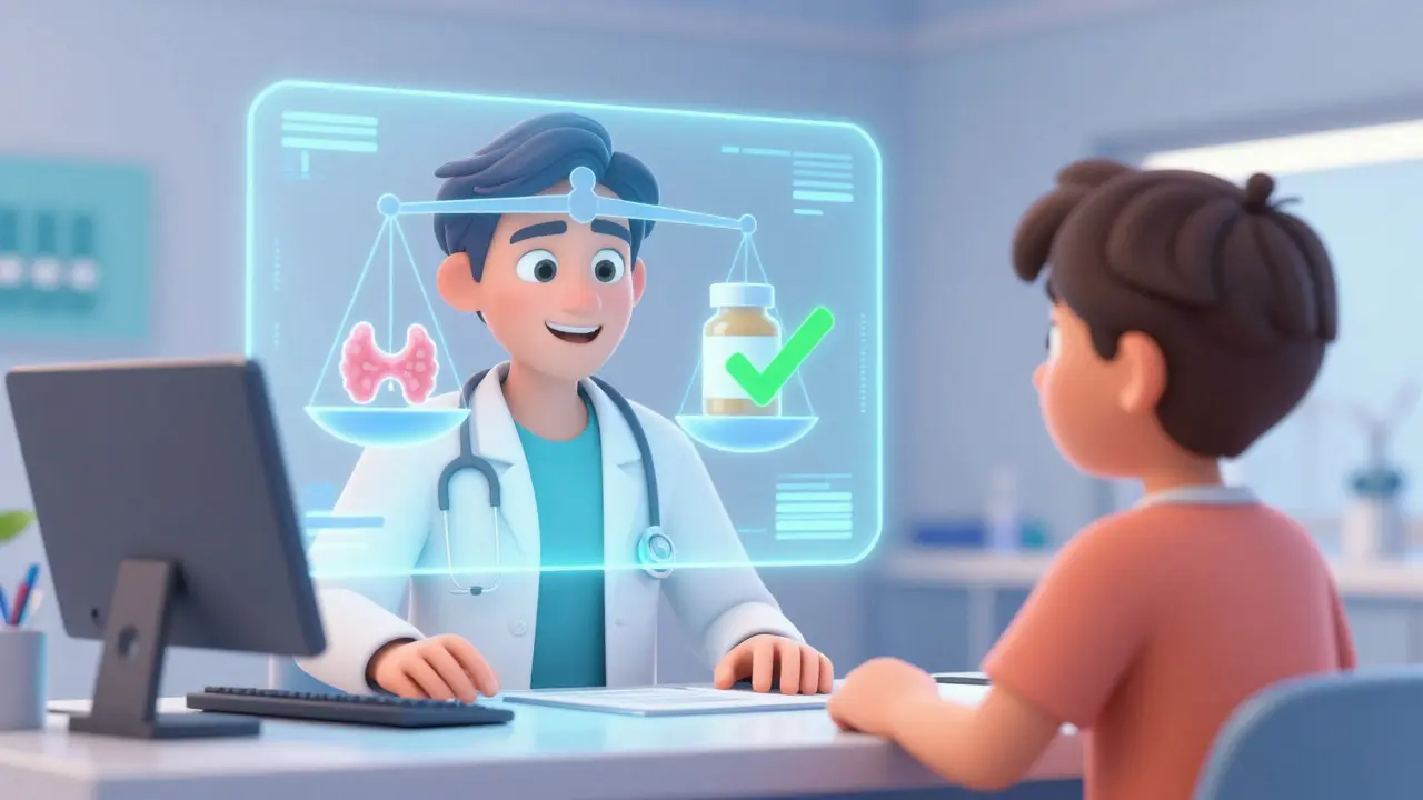 Doctor and patient reviewing a holographic display of balanced thyroid and medication levels.