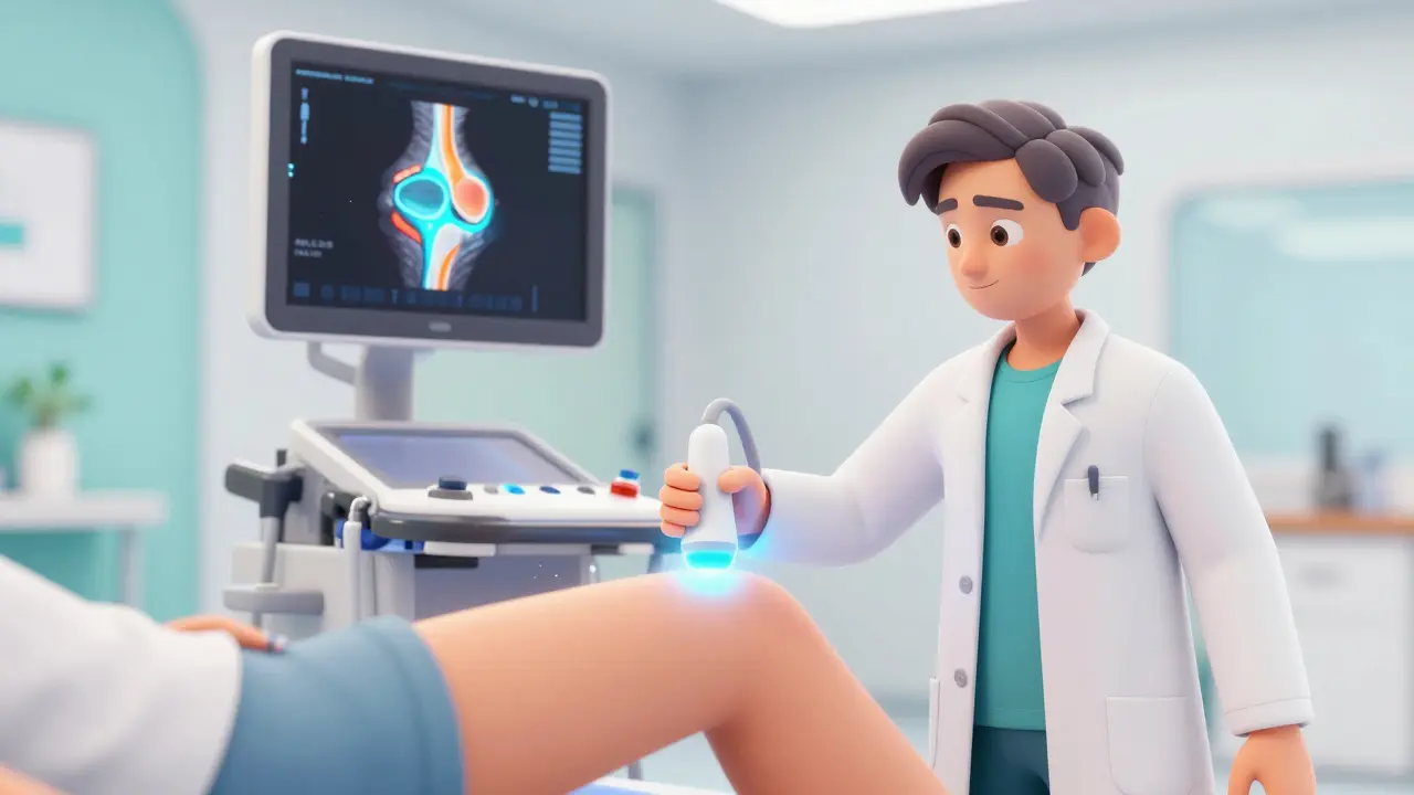 Doctor using a glowing ultrasound to diagnose a knee joint issue.