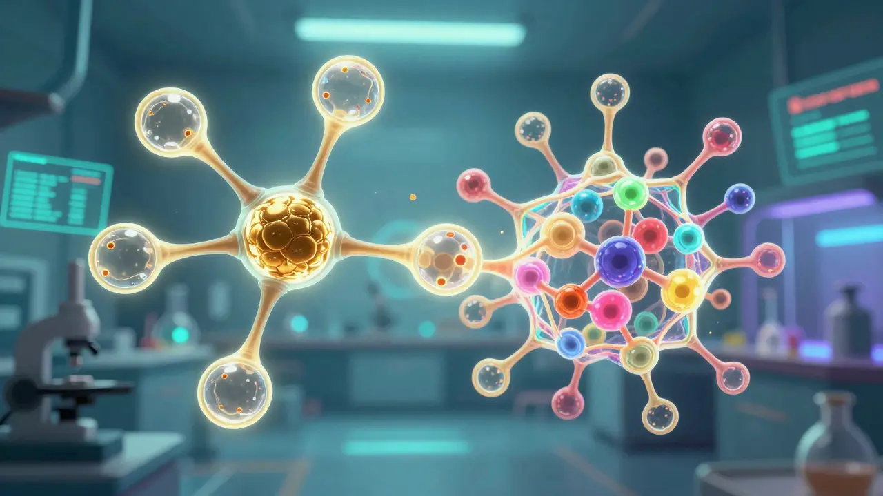 Glowing biological protein structures representing the transition to affordable biosimilars