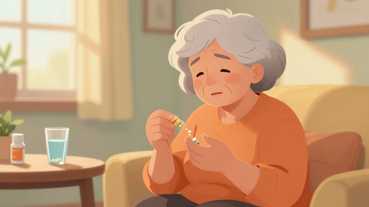 Happy senior woman taking her affordable generic medication in a sunny living room.