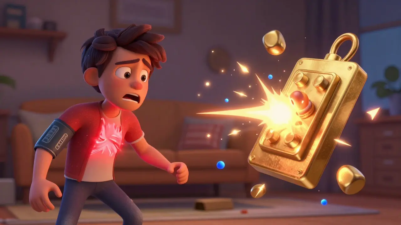 Illustration of a jittery character with a pulsing red heart and hypersensitive golden switches.