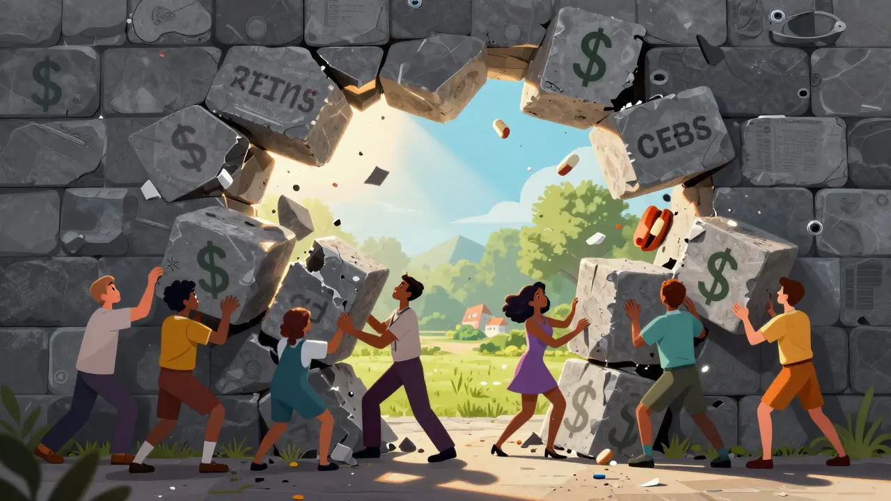 People removing a wall of high costs to reveal a sunny, healthy landscape