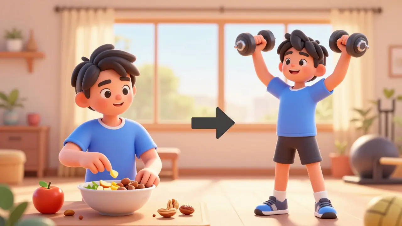 Person adding healthy snacks to a meal and lifting weights in a bright, sunny room.