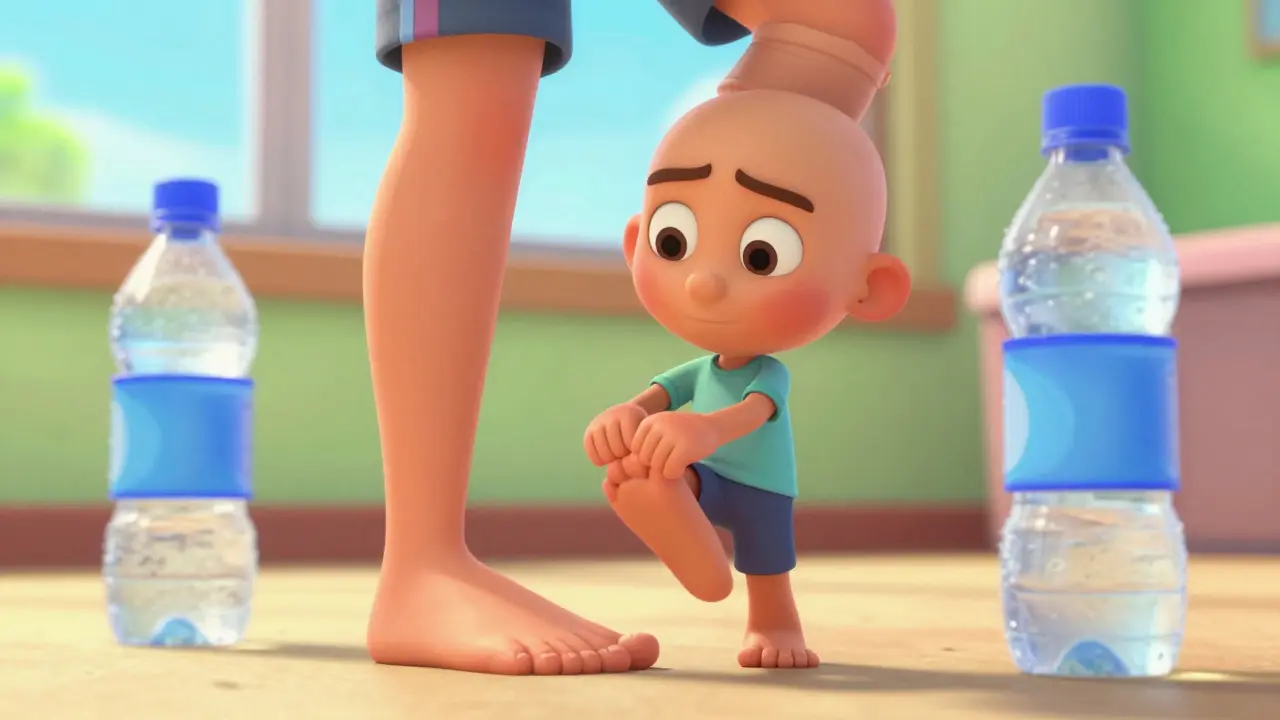 Person doing rehabilitation exercises and using a frozen water bottle for relief.