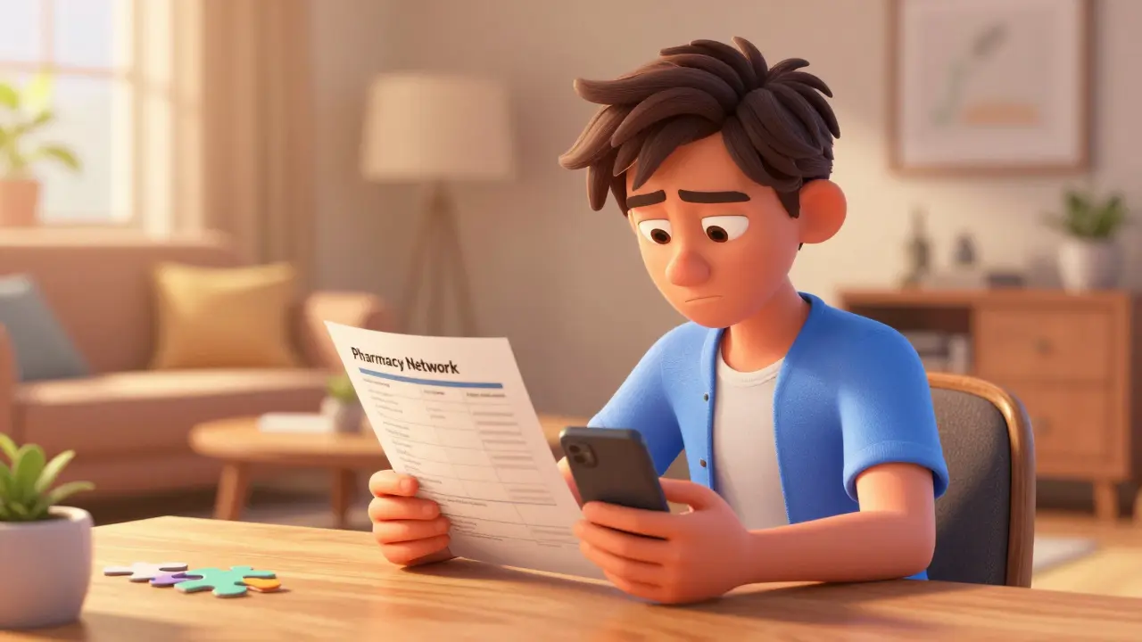 Person using a phone and directory to verify a pharmacy network