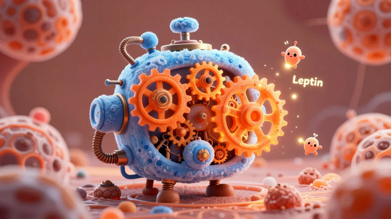Stylized steampunk metabolism engine turning from orange to blue as hormones drift away.