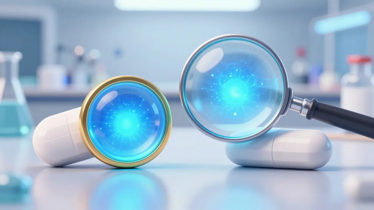 Two different pills showing identical glowing active ingredients under a magnifying glass.