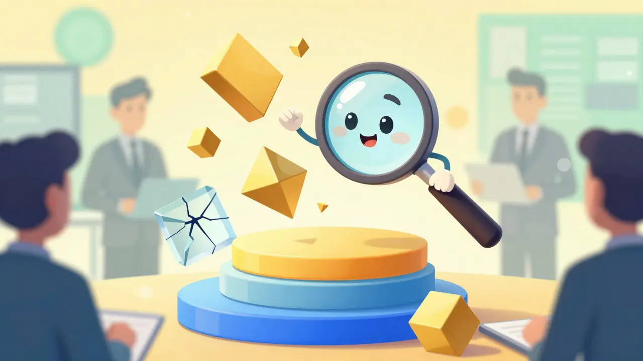 A magnifying glass examining colorful shapes representing valid and weak patents.