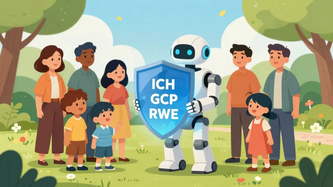 A protective robot guardian shielding a diverse community in a sunny park