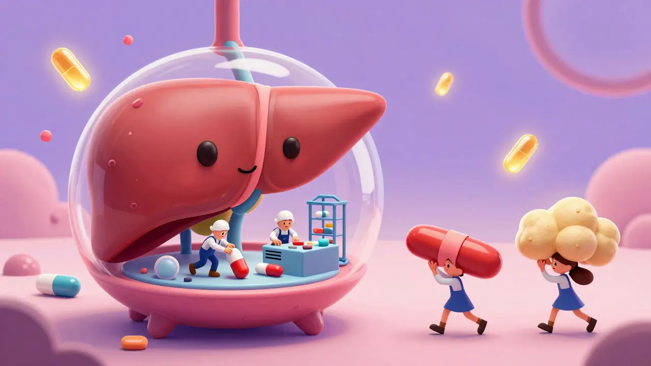 Animated liver cells showing different drug processing speeds