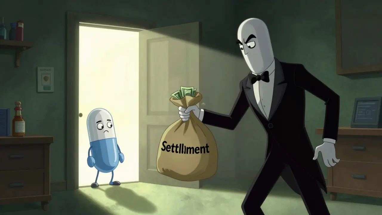 Brand pill paying generic pill to delay market entry in a dark room.