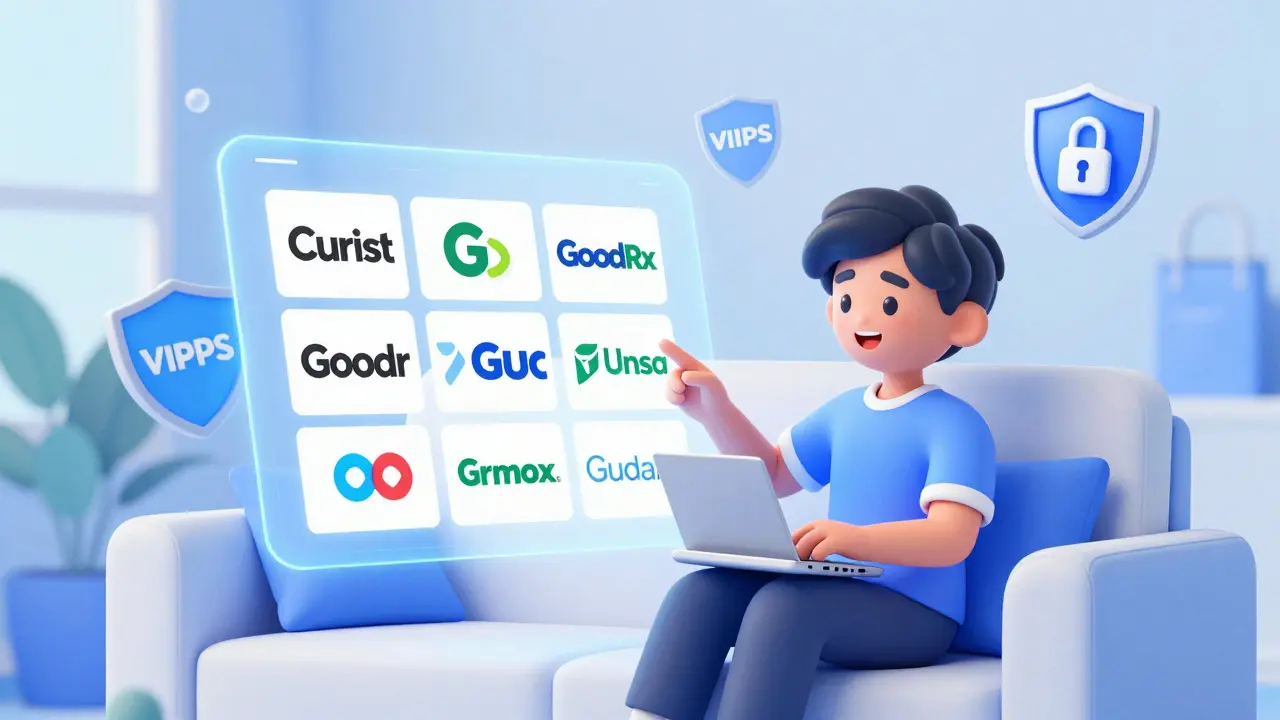 Cheerful character browsing safe online pharmacies with security icons in a modern room