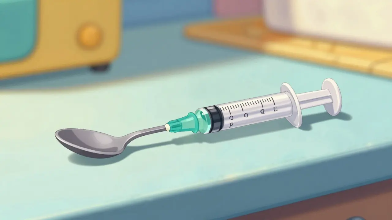 Dosing syringe compared to kitchen teaspoon for accuracy