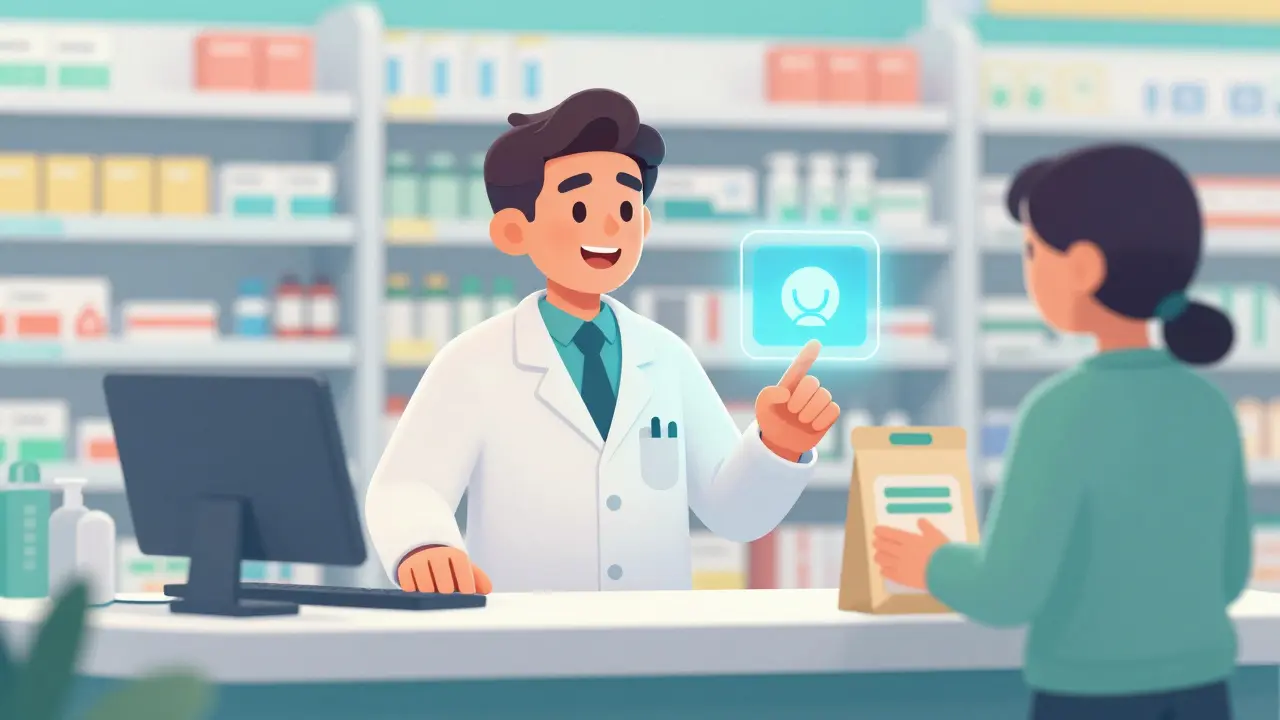 Friendly cartoon pharmacist showing a customer how to use a digital discount coupon.