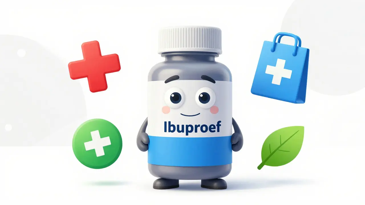 Friendly ibuprofen bottle character surrounded by safety icons.