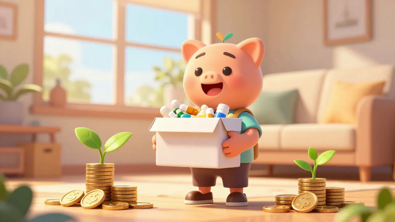 Happy animated character holding bulk medication with symbols of savings and health