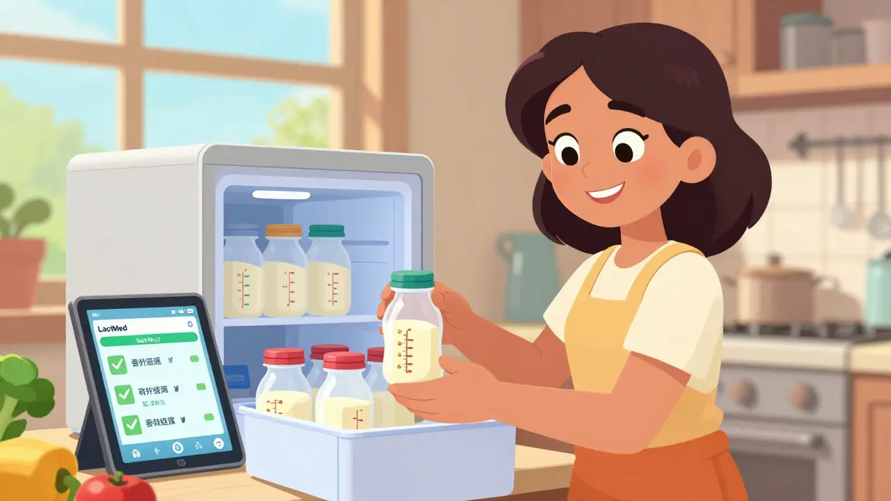 Happy mother storing labeled milk bottles in freezer with medical info.