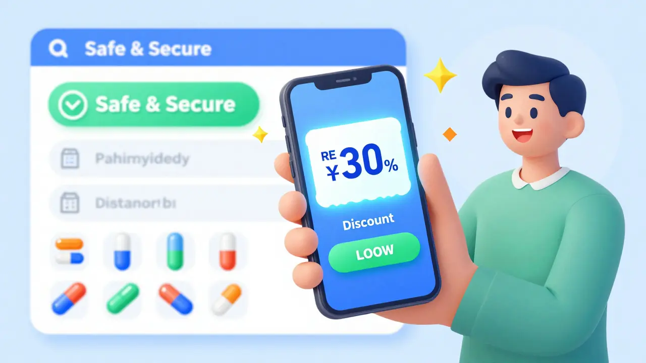 Happy person saving money on medication with digital coupon