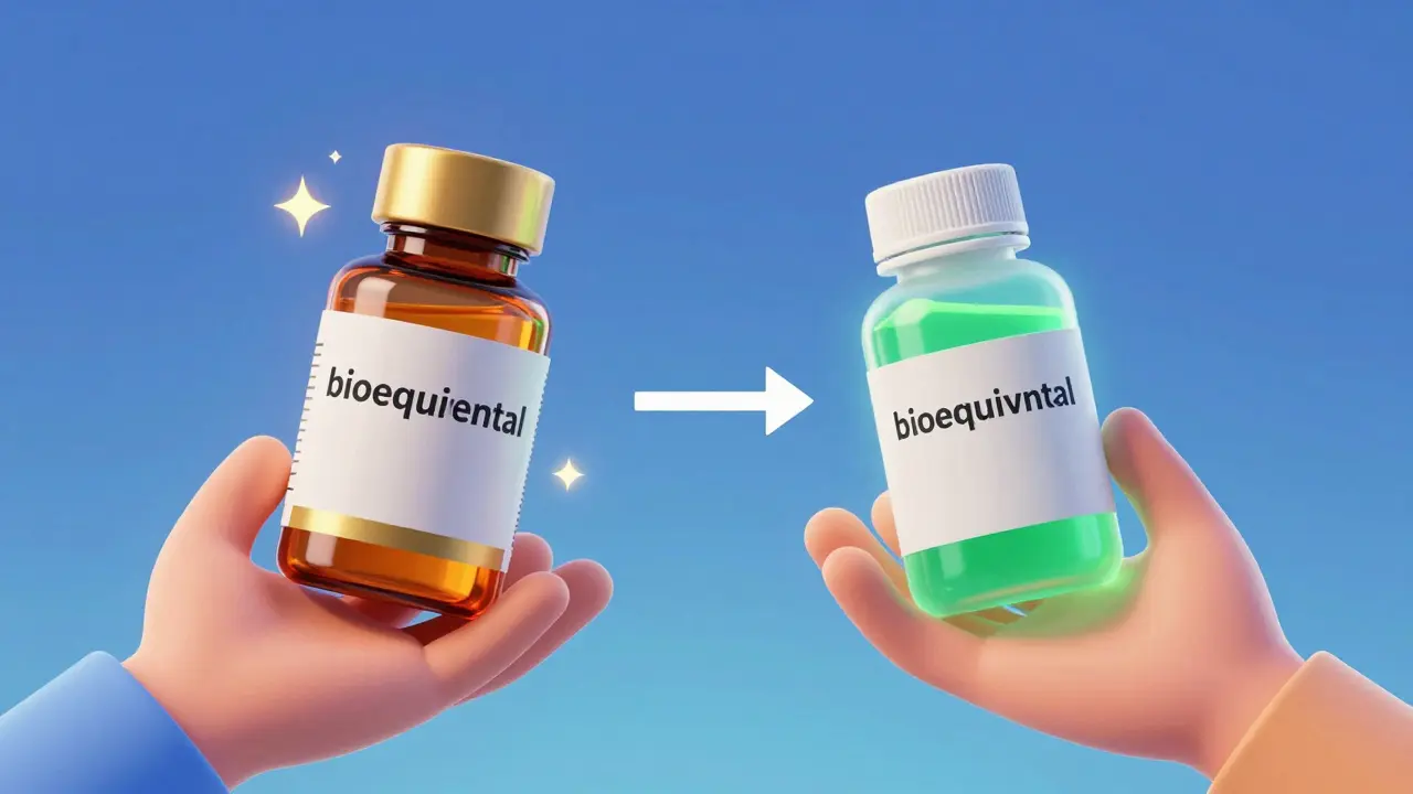 Illustration comparing a fancy brand bottle with a glowing generic equivalent bottle.