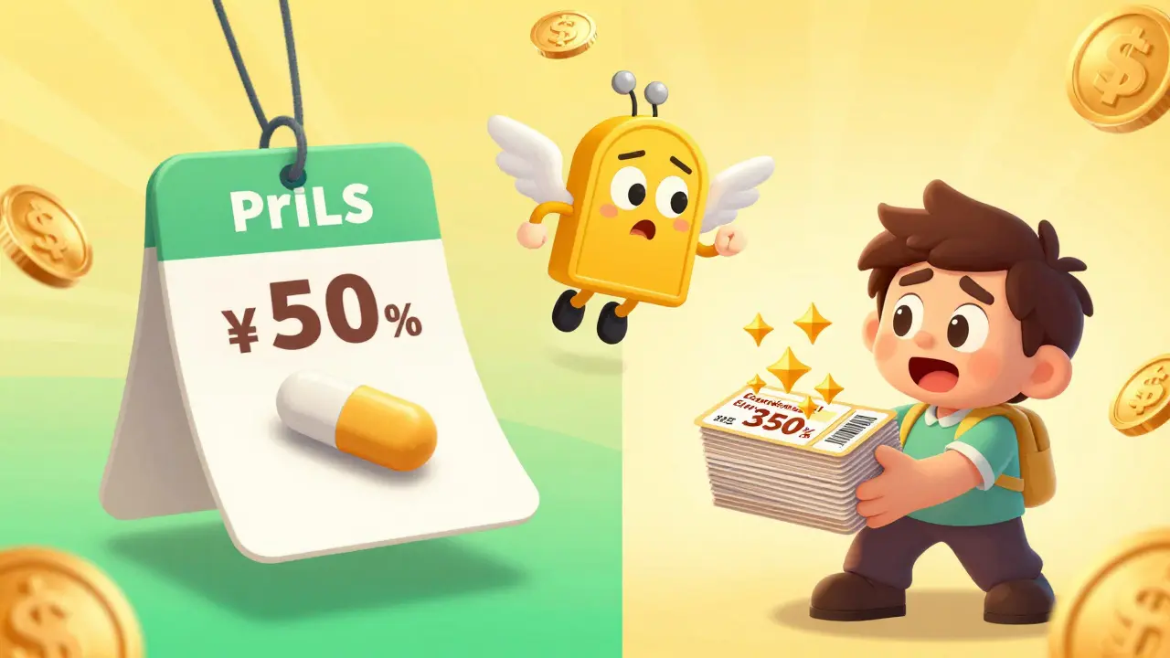 Illustration comparing expensive pills with discounted coupon savings.