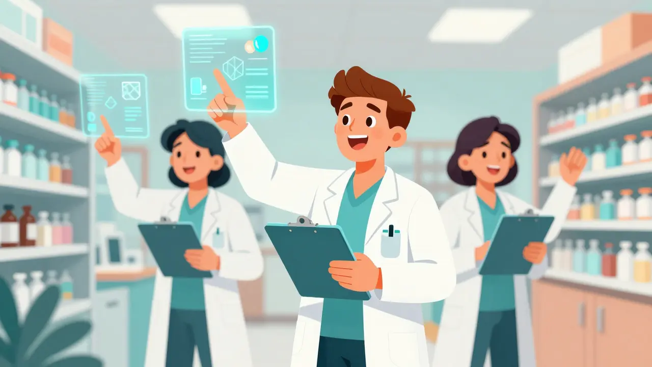 Illustration of pharmacist and technicians collaborating on medication data
