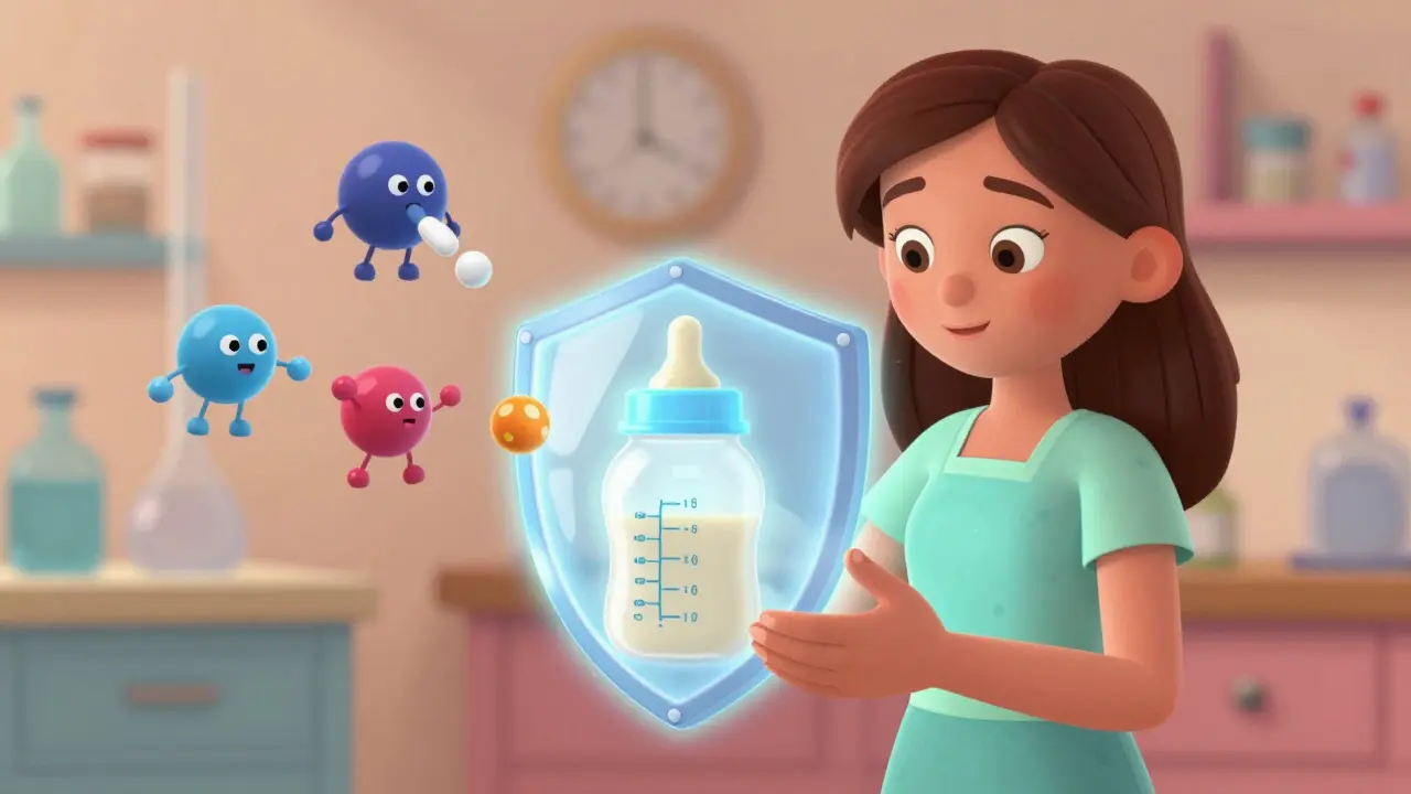 Illustration showing safe molecules blocked from entering breast milk.