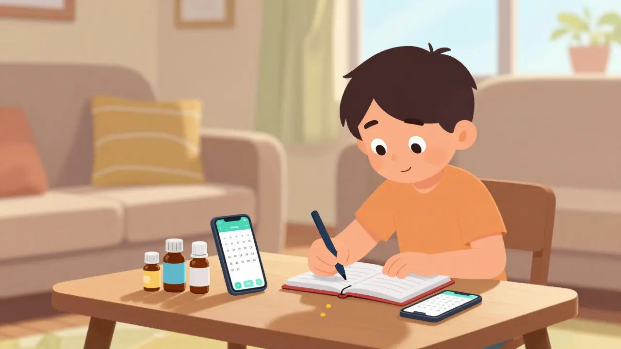 Parent logging medication doses in a notebook