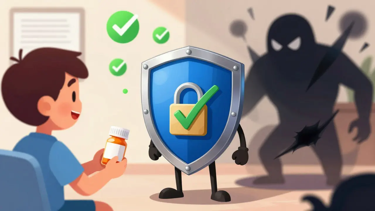 Shield protecting patient from fake drugs with safety symbols