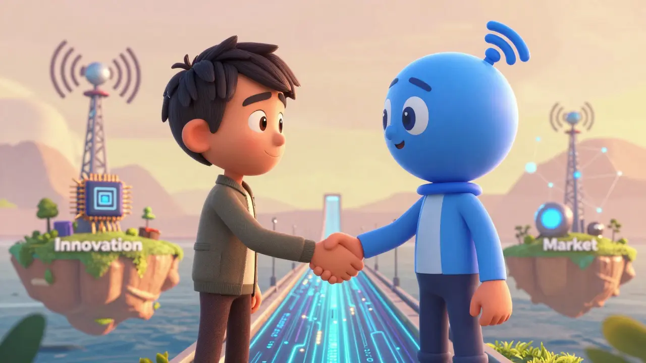 Two tech rivals shaking hands over a digital bridge symbolizing licensing agreement.