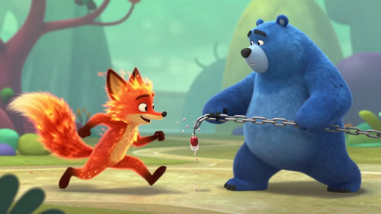 Animated fox and bear illustrating metabolic effects on blood sugar