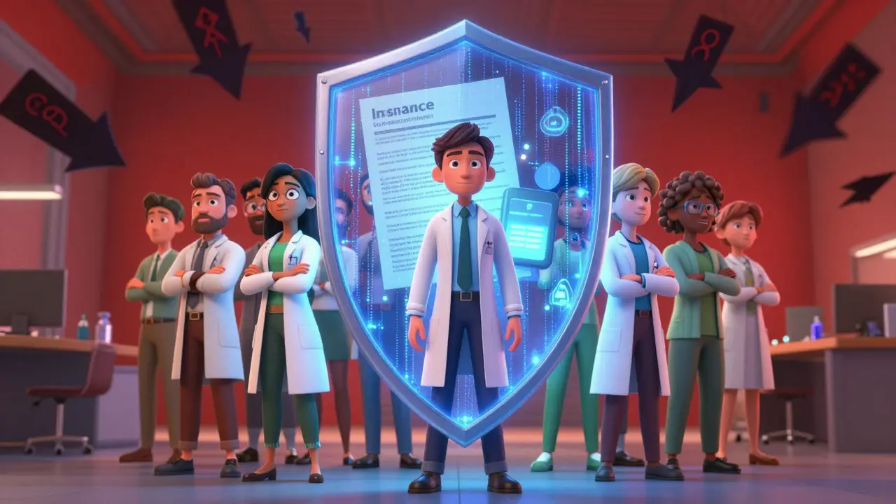 Animated team protected by glowing digital insurance shield from risks