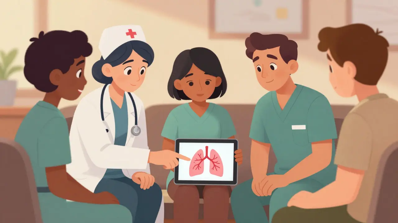 Cartoon medical team discussing lung health plan with a patient in a clinic