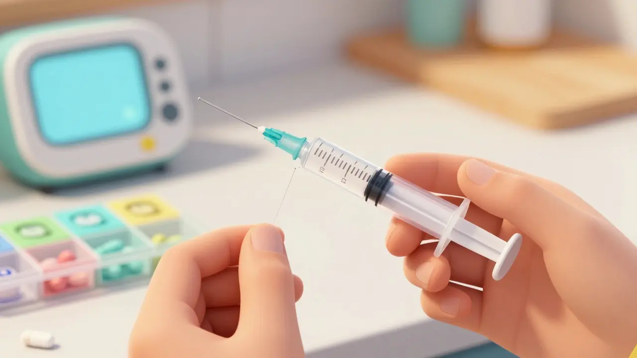 Close-up of hand measuring liquid medicine with syringe, showing visual difficulty