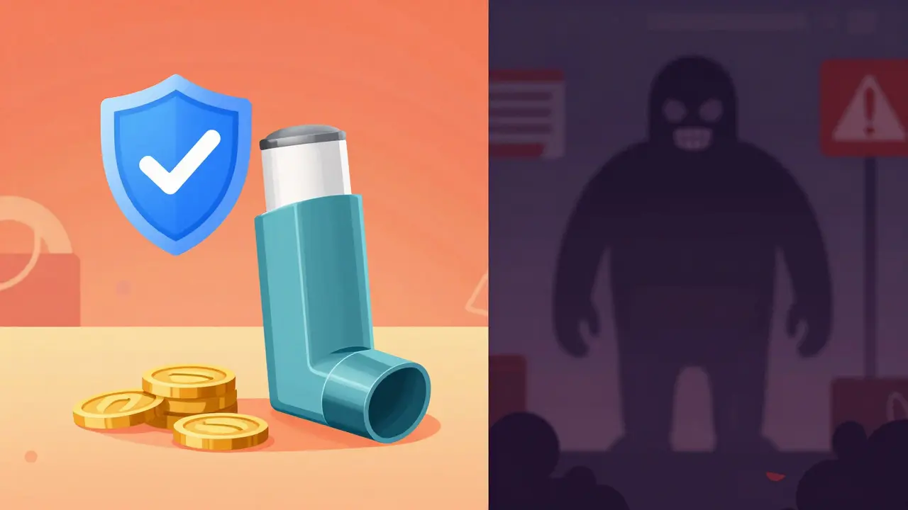 Comparison of affordable generic inhaler versus shady scam website threats.