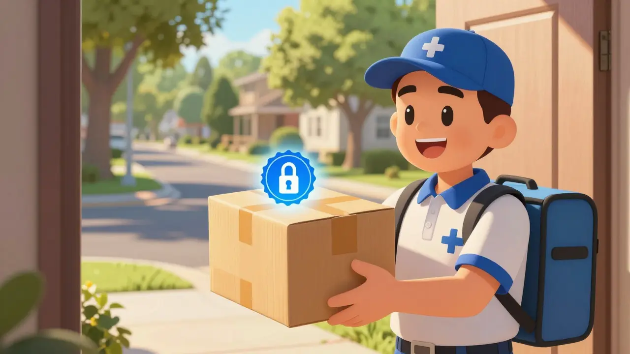 Friendly courier delivering a securely sealed medicine package to a customer's door.