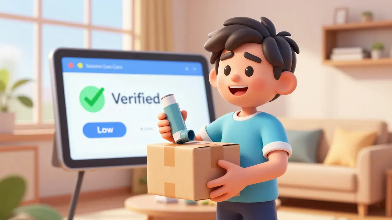 Happy person receiving a verified generic inhaler package at home.