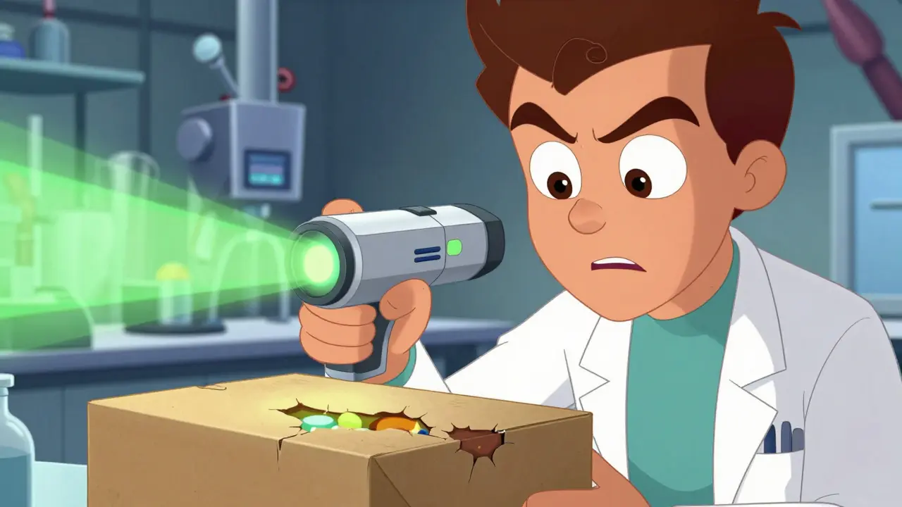 Heroic scientist scanning suspicious medicine box with futuristic device