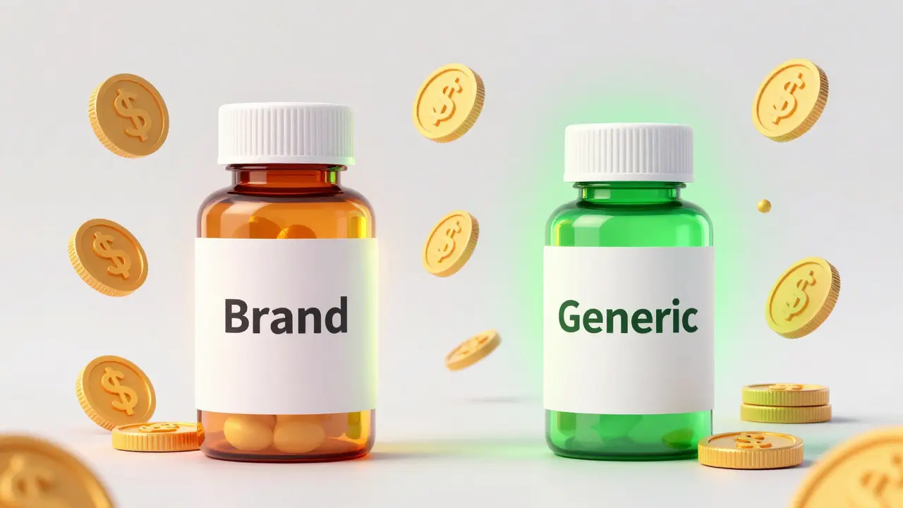 Illustration comparing expensive brand-name medication with affordable generic alternatives.