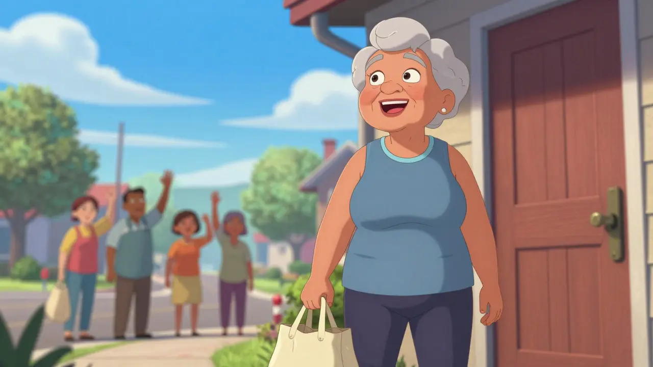 Illustration of a happy senior woman shopping independently after rehab