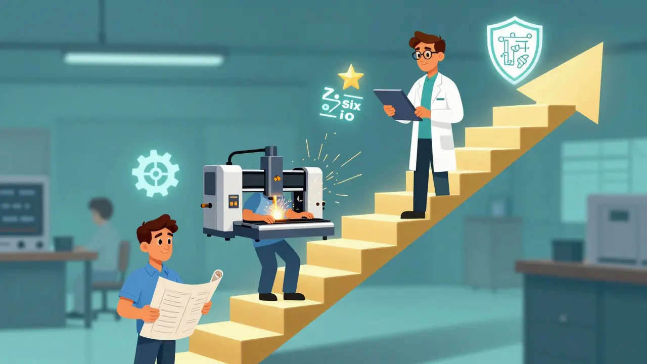 Illustration of a manufacturing career ladder showing entry, technical, and engineering roles.