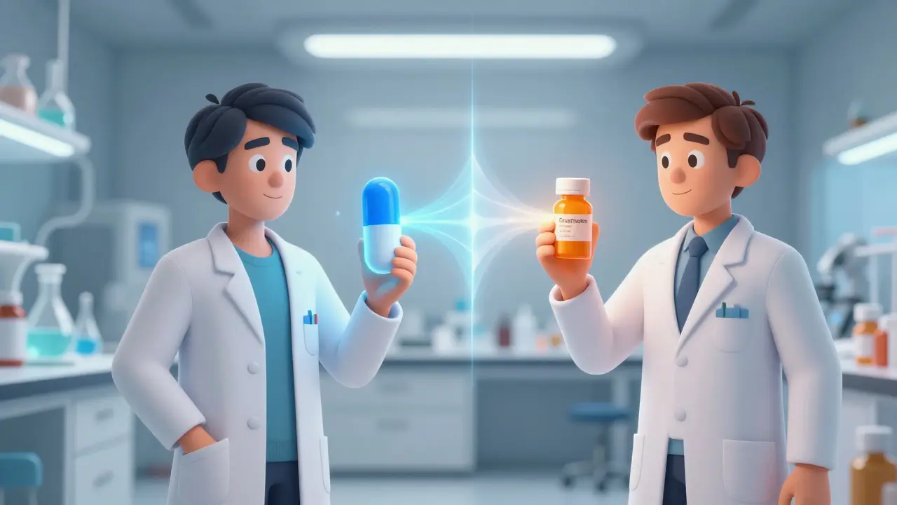 Illustration showing identical pills from brand and authorized generic sources.