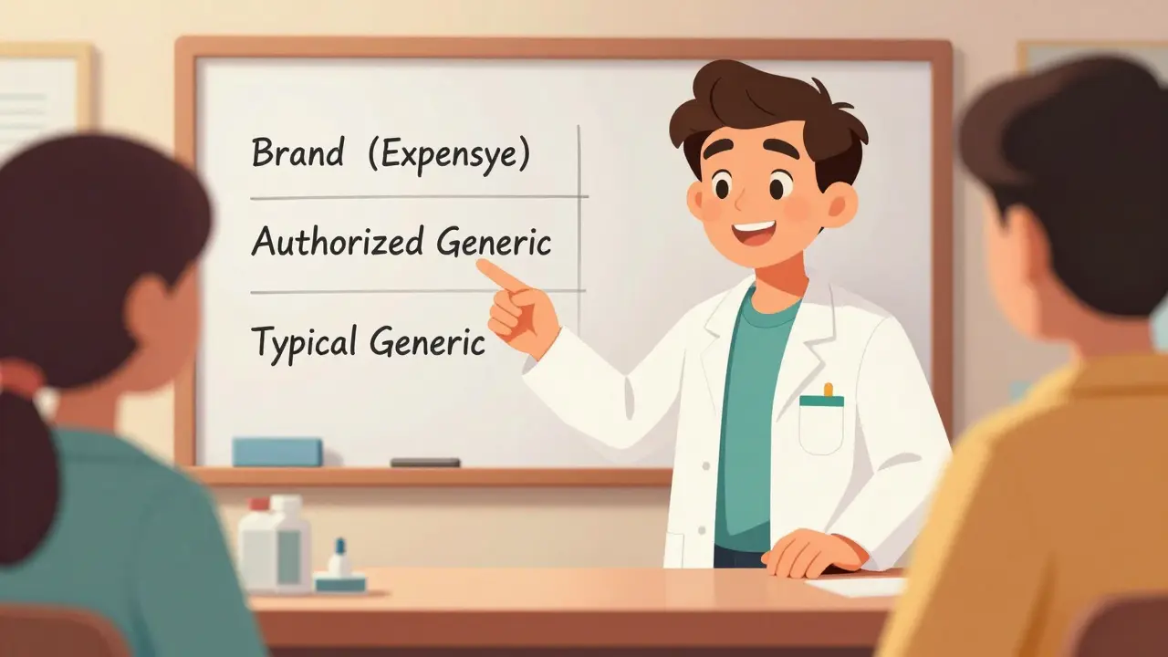 Pharmacist explaining medication options to a customer at the counter.